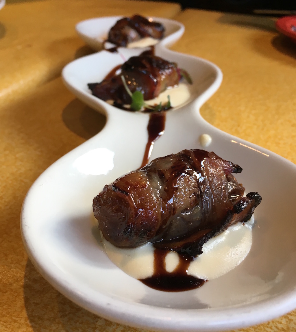bacon wrapped dates goat cheese cream