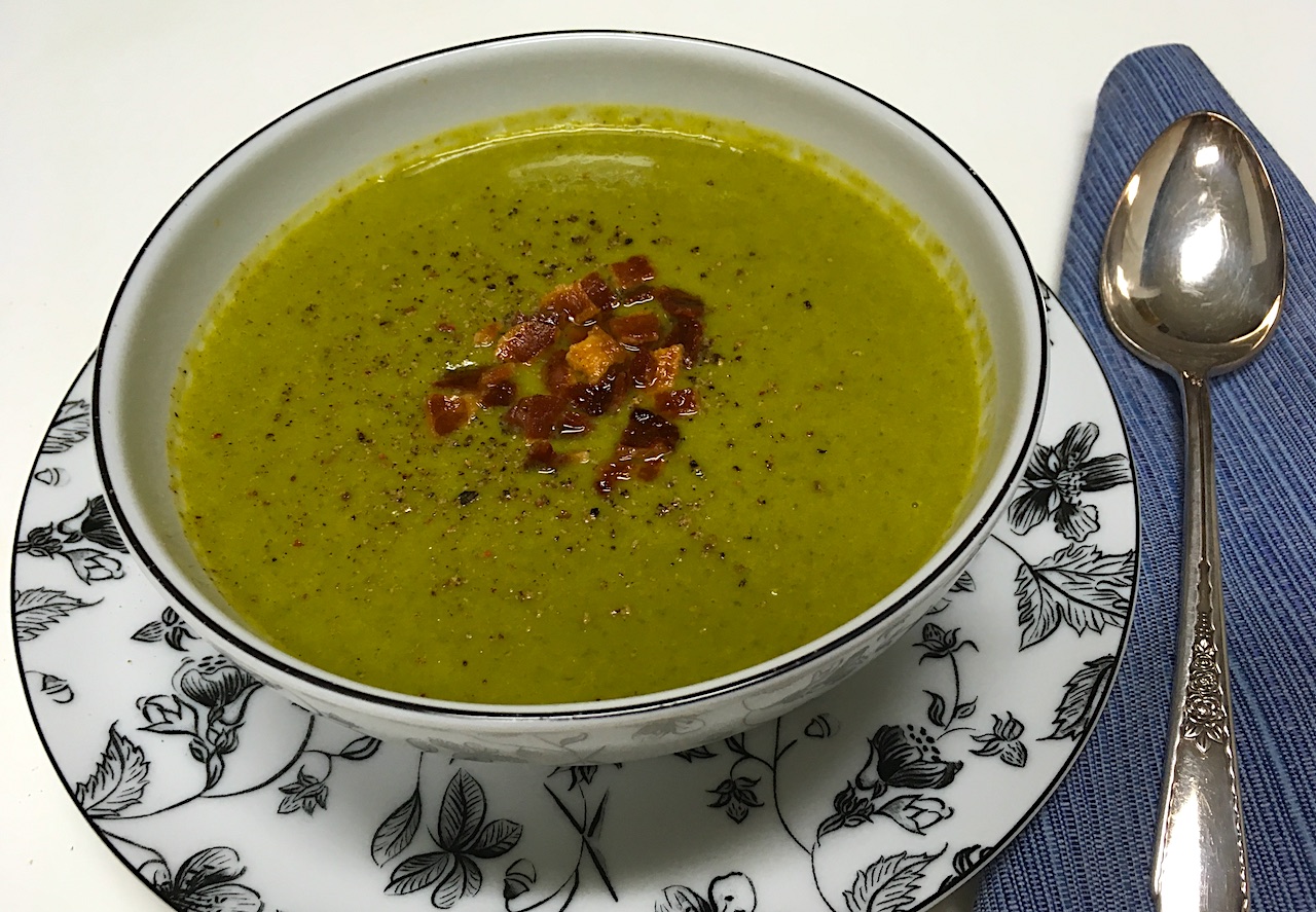 pea soup with fennel greens bacon